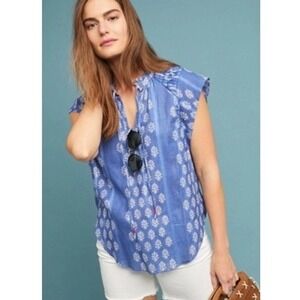 Maeve by Anthropologie Blue Floral Pintuck Cap Sleeve Blouse Top Boho XS